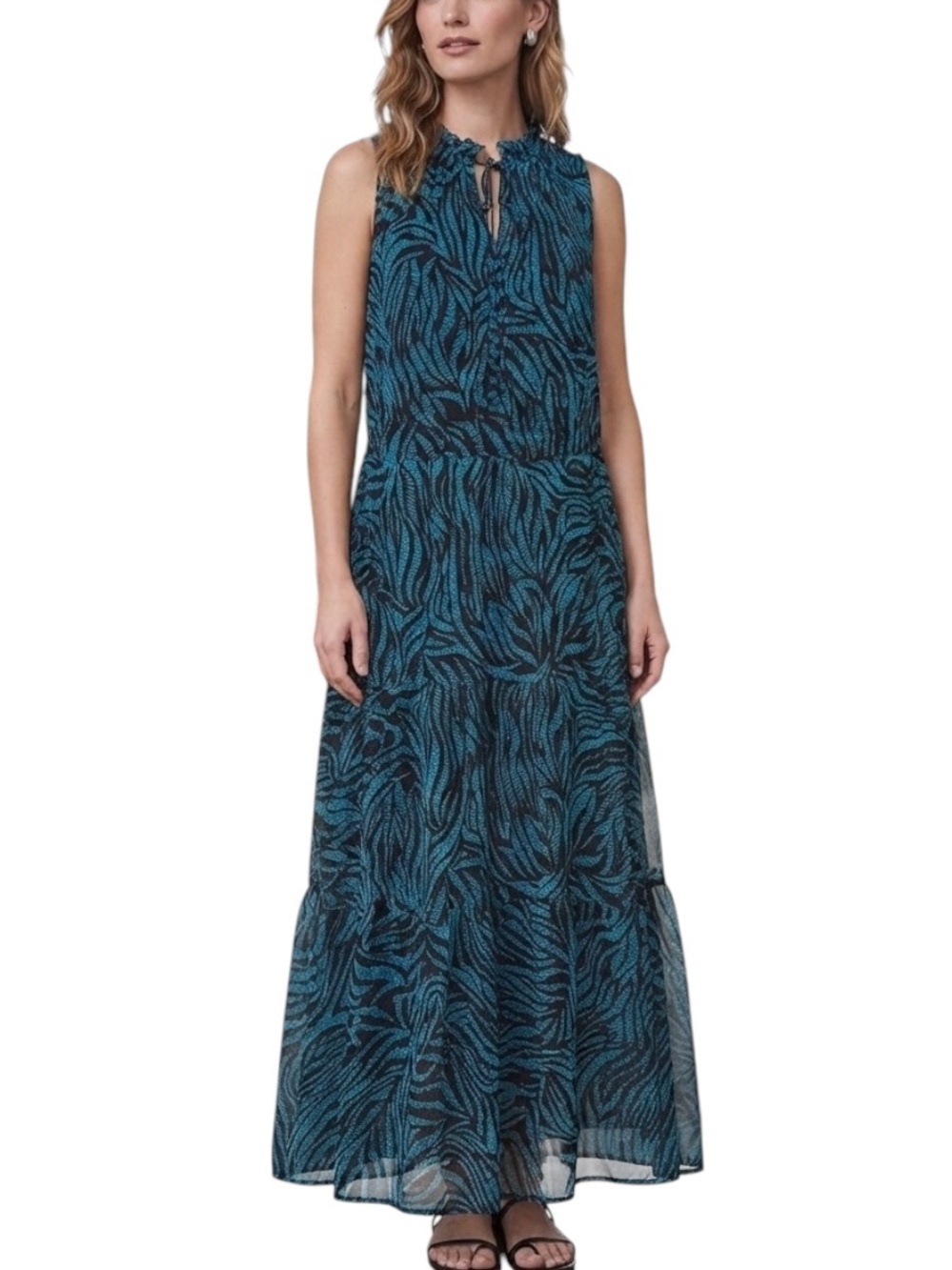 Harper 241 Blue Mesh Lined Leaf Print Tiered Boho Tie Neck Maxi Dress M